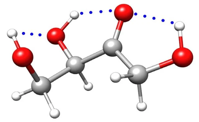 diagrama da eritrulose, composto por quatro átomos de carbono, quatro átomos de oxigênio e oito átomos de hidrogênio.