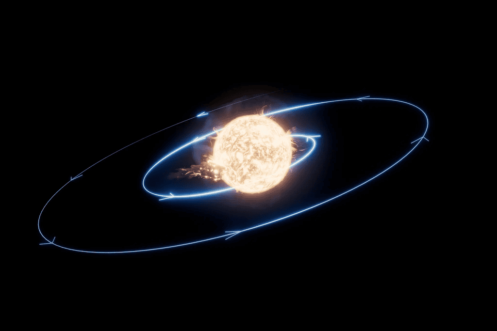 Representação artística de um planeta em espiral em direção a uma estrela