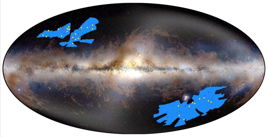 Mapa celeste mostrando a localização dos 31 quasares de alto redshift descobertos pelo Euclid