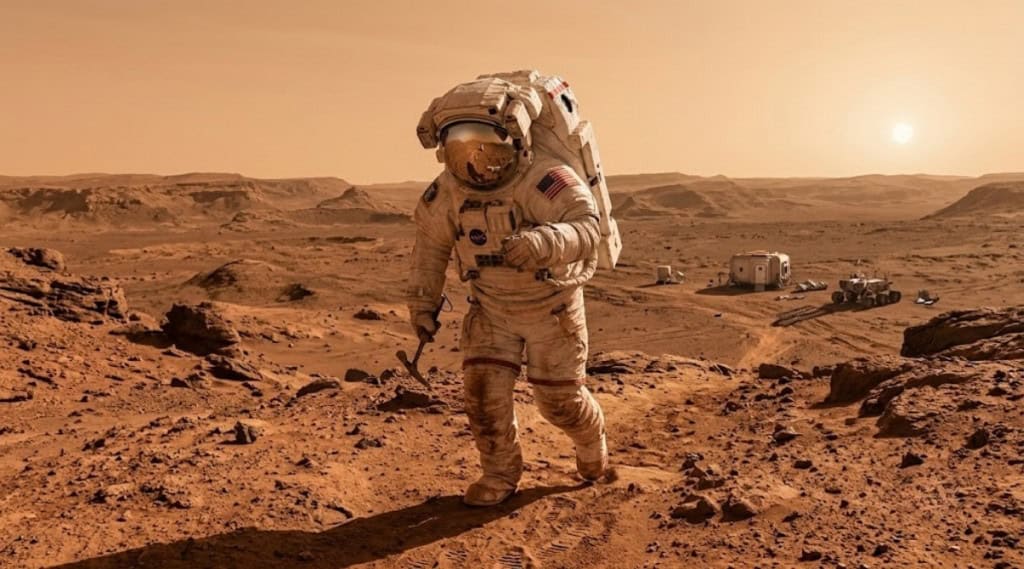 Astronauta com traje espacial em Marte