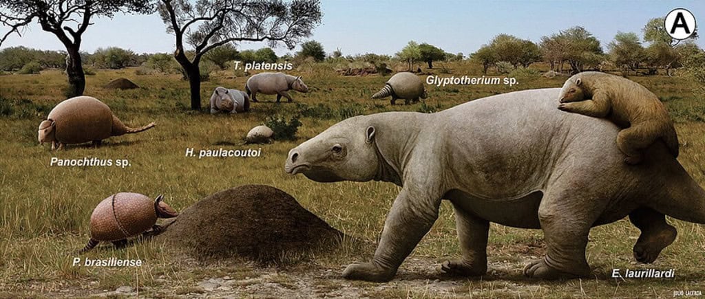 Representação de animais que faziam parte da megafauna do Pampa brasileiro