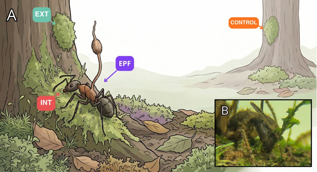 Ilustração mostra o desenho do experimento que comparou musgos próximos e distantes de formigas infectadas pelo fungo Ophiocordyceps, além de uma foto de uma formiga contaminada presa a um musgo.