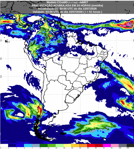 Mapa de previsão de chuva acumulada em 24 horas para o dia 14 de julho de 2026, proveniente do modelo de previsão numérica do tempo COSMO, destacando as áreas com previsão de chuva (tons de azul indicam chuva fraca e tons de verde, amarelo e vermelho, chuva de acumulados moderados)