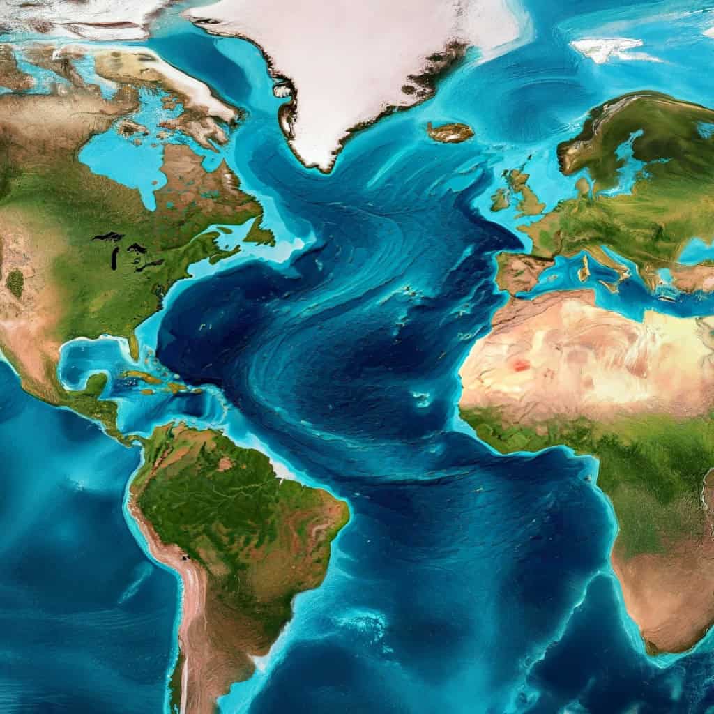 Correntes marítimas quentes e frias da AMOC no Oceano Atlântico em um mapa dinâmico.