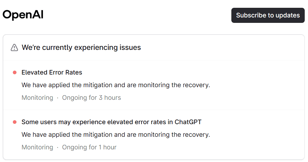 Página oficial de status da OpenAI