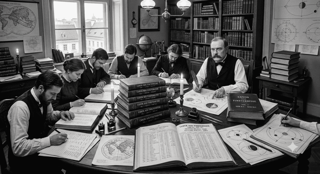 Em 1882, Theodor von Oppolzer reuniu uma equipe para calcular eclipses solares, pagando um florim por previsão concluída. Três anos depois, o trabalho resultou no Canon der Finsternisse, catálogo com cerca de 8 mil eclipses solares e 5,2 mil lunares, cobrindo mais de 33 séculos.