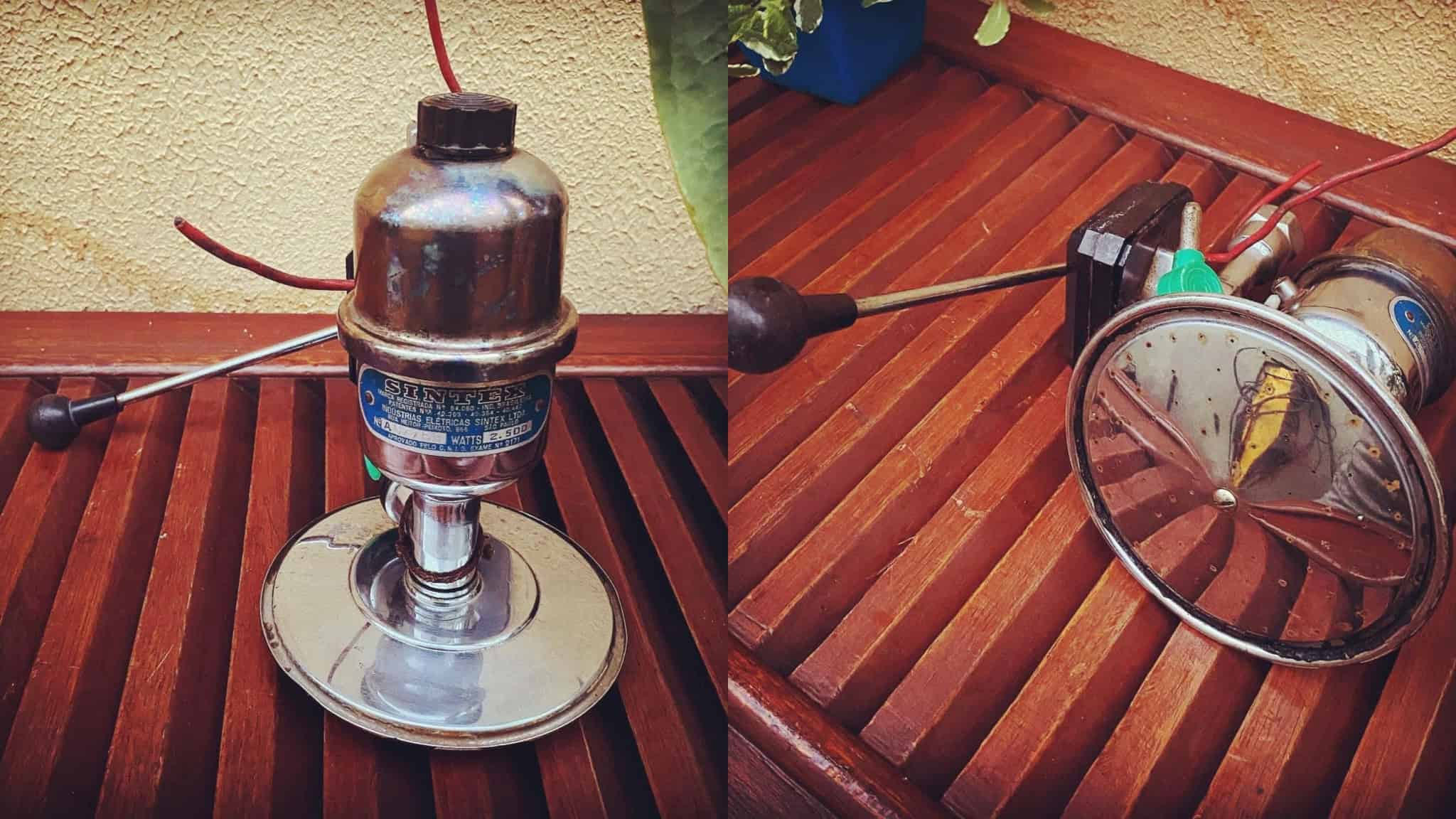 Montagem com fotos de chuveiro elétrico de metal feito em 1950