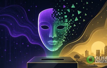 Uma ilustração digital plana e moderna de uma máscara facial holográfica estilizada, fragmentando-se em pixels geométricos enquanto flutua sobre uma urna eleitoral elegante e minimalista