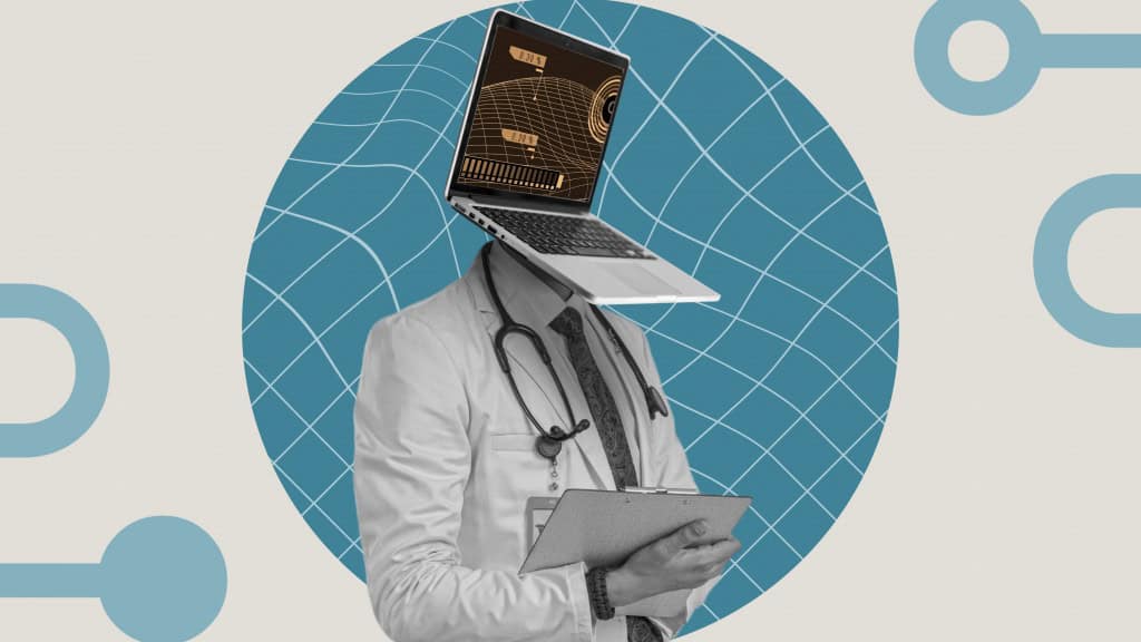 Ilustração no estilo colagem de médico com cabeça de notebook