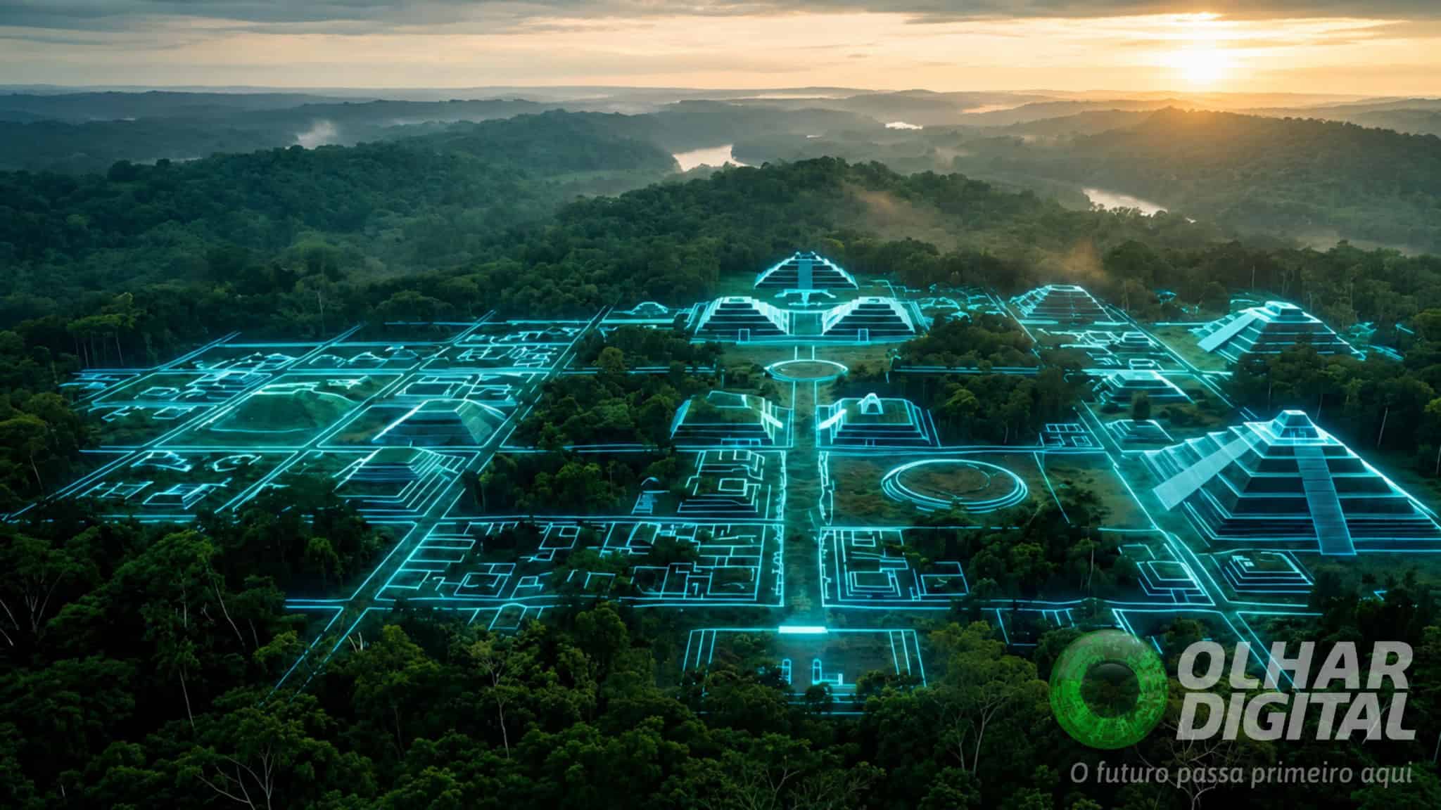 Ilustração de holograma de civilização antiga sobre floresta amazônica
