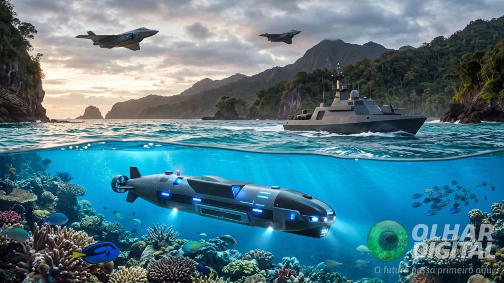 Ilustração mostrando drones aéreos e marítimos protegendo ilha da China