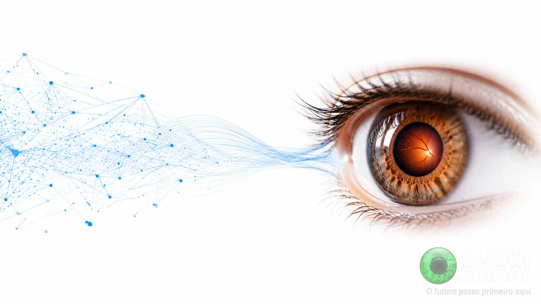 Ilustração de ondas de tecnologia, representando análise de inteligência artificial (IA), indo de encontro a olho humano