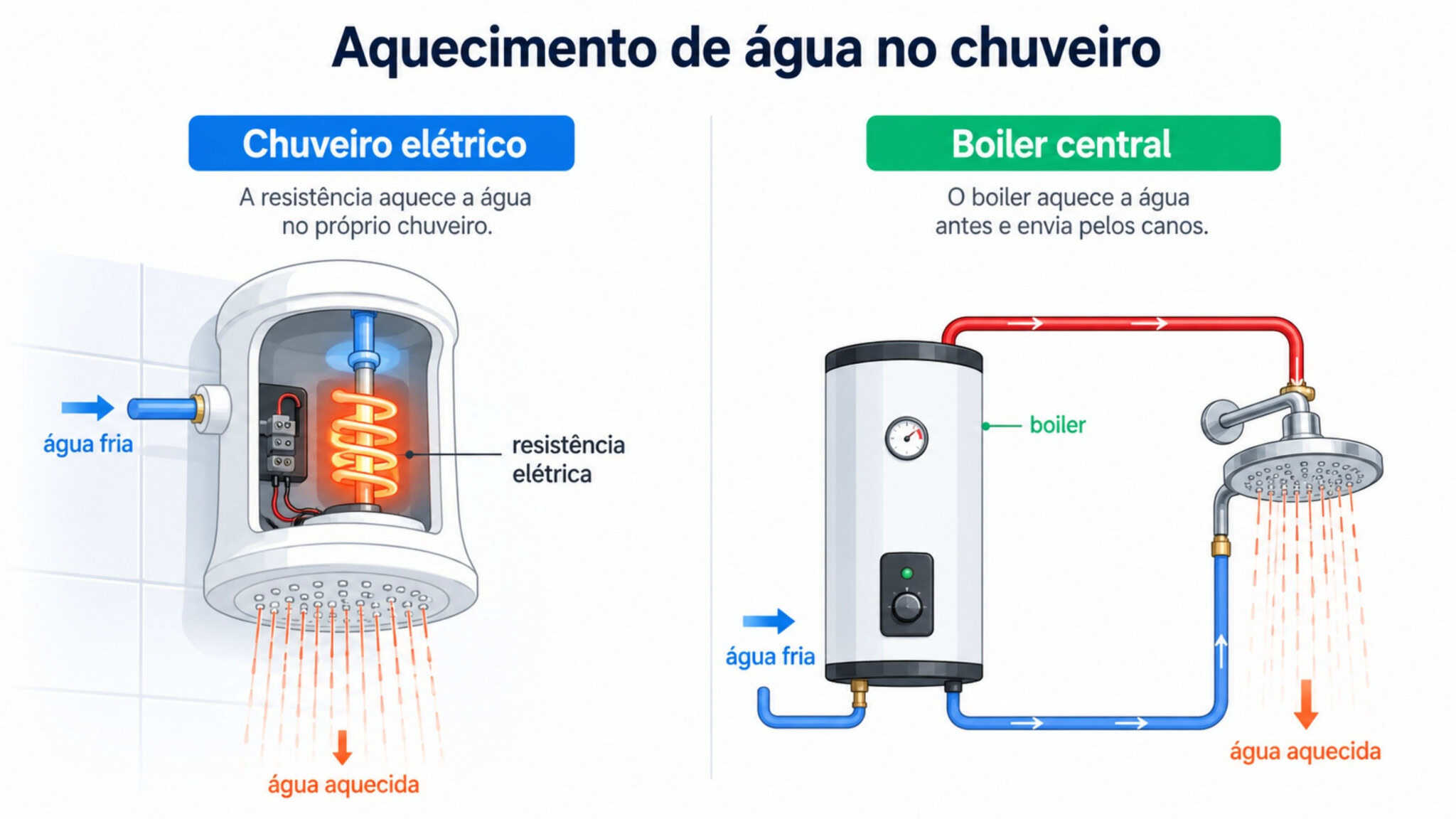 Infográfico explicando diferentes formas de aquecer água usada no banho