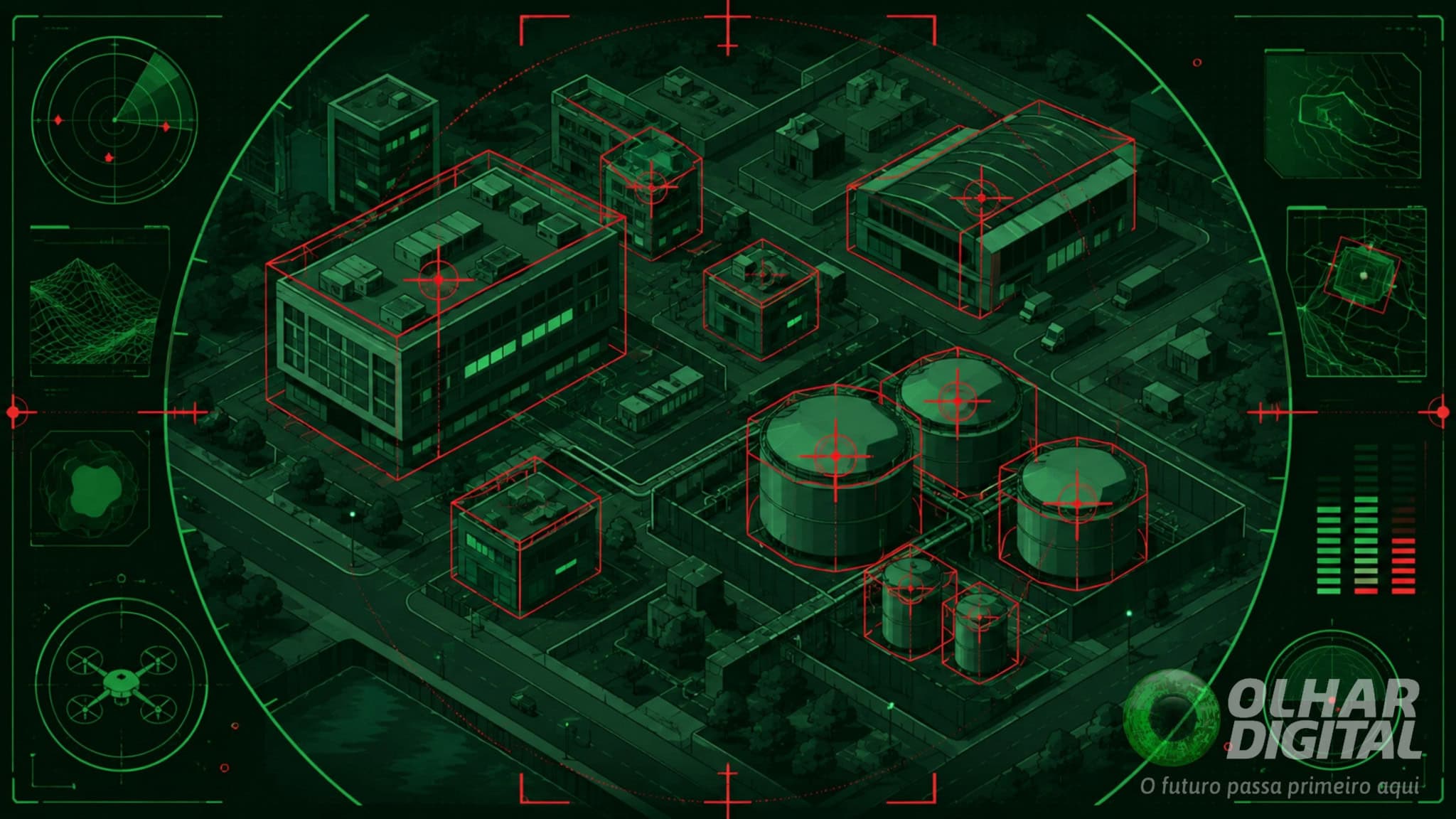 Ilustração de ponto de vista (POV) de drone mirando alvos em cidade