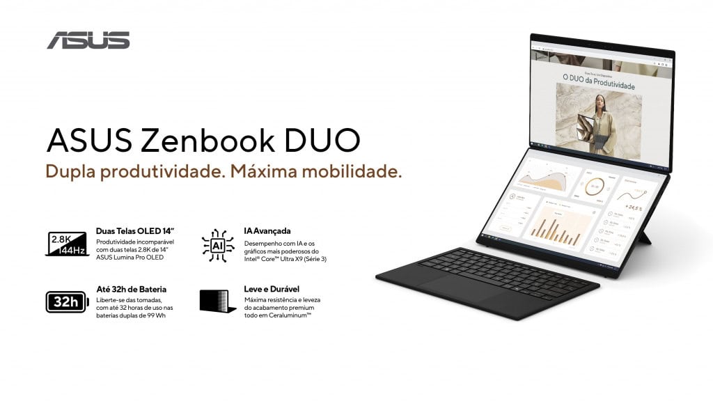 ASUS Zenbook DUO 2026 com duas telas OLED de 14 polegadas e teclado destacável