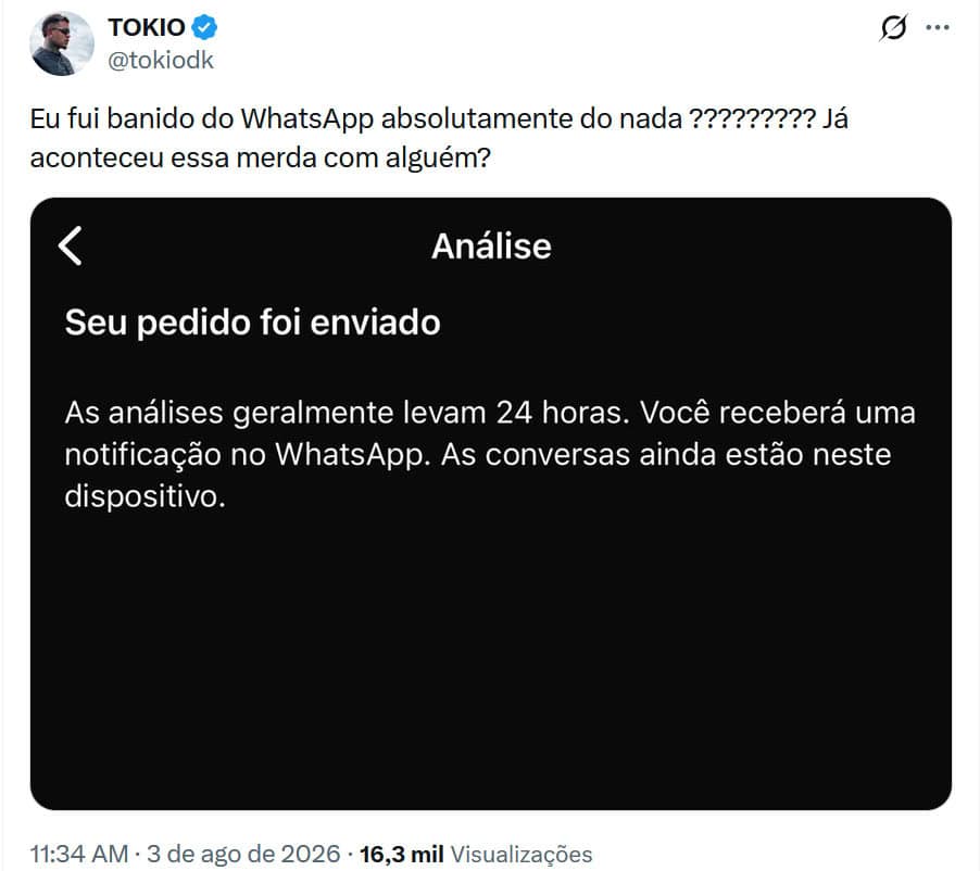 Mensagem de usuário do X comentando sobre bloqueio de conta no WhatsApp