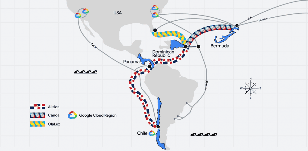 Mapa que mostra os novos cabos submarinos