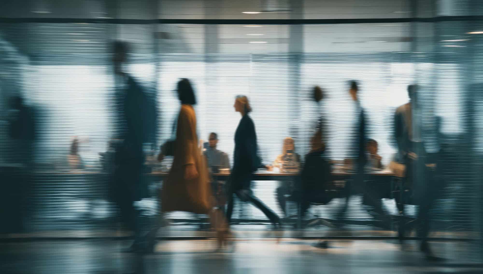 Pessoas caminham em um ambiente de trabalho.