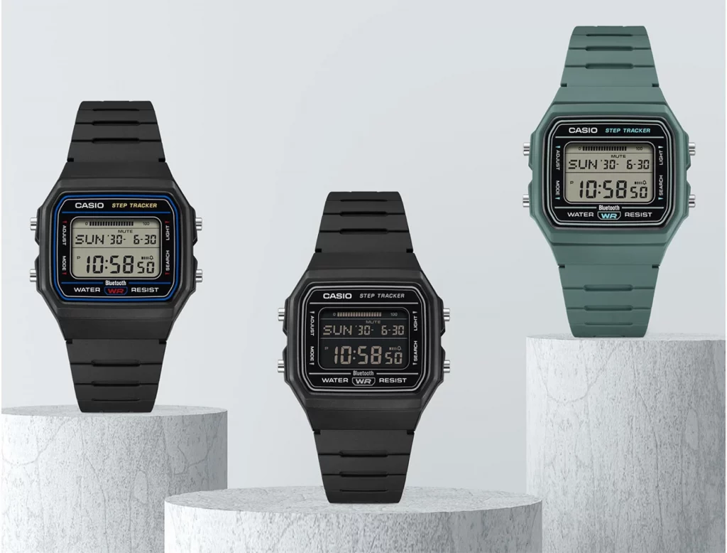 Com visual discreto, o Casio F-B100W acompanha passos, sincroniza o horário e registra sua atividade ao longo do dia pelo celular. – Imagem: Divulgação/Casio