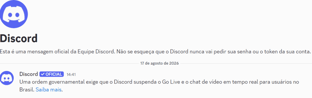 Mensagem enviada pelo Discord