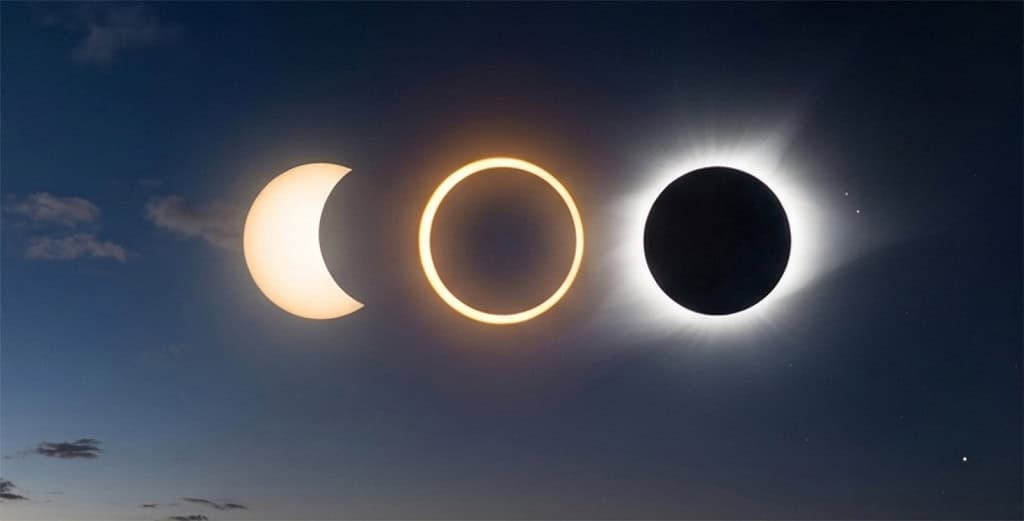 Existem três tipos de eclipses solares: parcial, anular e total? Na verdade, há mais um! – Crédito: Imagem gerada por IA/Gemini