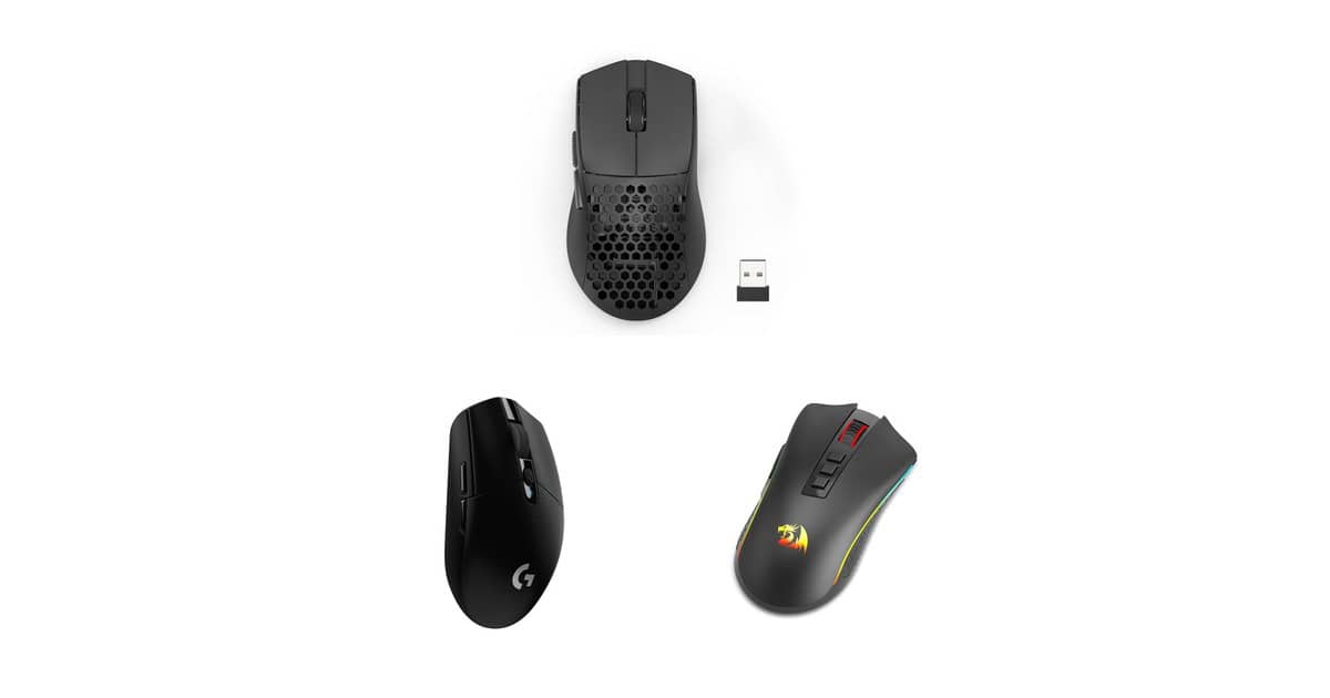 Três mouses gamers modernos com design ergonômico e opções de conectividade
