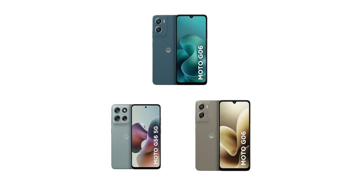 Smartphones Motorola Moto g06 e Moto g56 5G lado a lado mostrando tela de 6,9 polegadas
