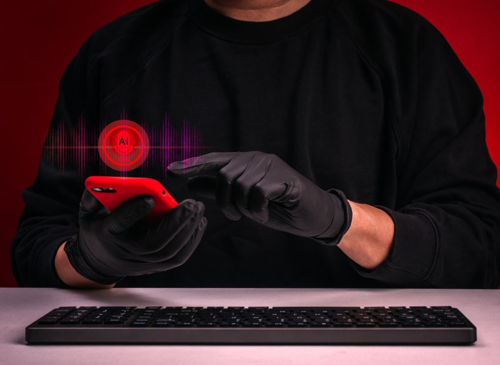 Conceito de fraude de voz por IA e deepfake