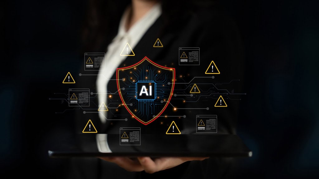 Ilustração conceitual da segurança da inteligência artificial com escudos e sinais de alerta em um ambiente digital futurista