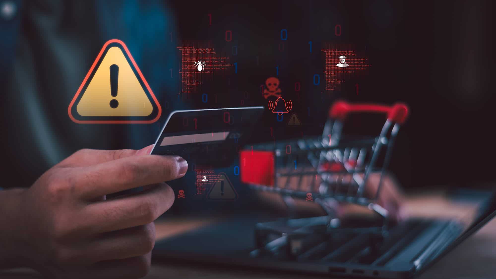 Mão usando cartão em uma compra online, com alertas de segurança, códigos digitais e símbolos de ameaça sobrepostos à imagem, representando riscos de fraude em transações digitais.