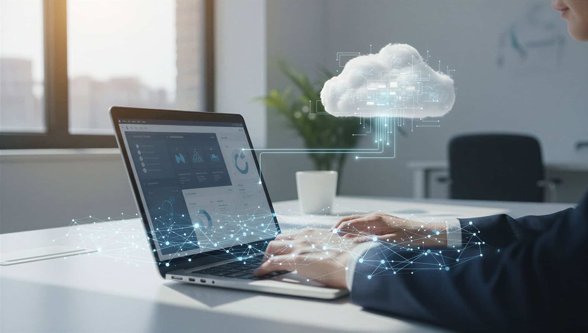 Pessoa usa notebook enquanto elementos gráficos representam processamento de inteligência artificial no dispositivo e na nuvem.