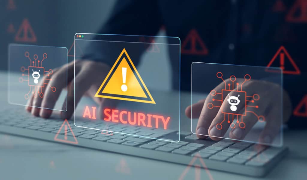 Conceito de segurança cibernética de IA mostrando o sistema de proteção digital contra ameaças cibernéticas, hackers e ataques de malware. Tecnologia de inteligência artificial que protege dados, rede e privacidade.