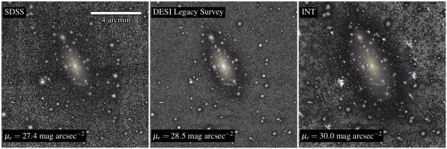 Estruturas externas sugerem que a IC 1101 ainda incorpora material de galáxias menores. (Imagem: C. Marrero de la Rosa et al.;  Isaac Newton Telescope (INT/ING))
