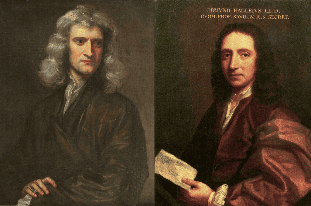 Isaac Newton (à esquerda) e Edmond Halley (à esquerda).