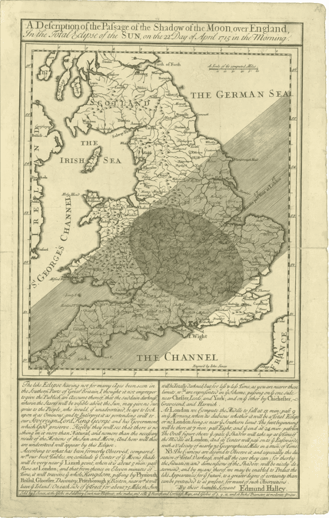 Mapa, feito por Halley, mostrando o caminho da sombra do eclipse de 1715 - Imagem de domínio público