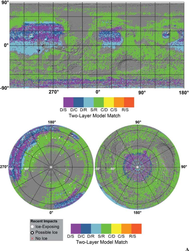 Mapa global do projeto SWIM mostra regiões de Marte com diferentes níveis de compatibilidade entre modelos para detectar gelo de água abaixo da superfície.