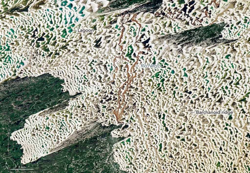 Os ventos que sopram do nordeste foram responsáveis por esculpir as linhas de dunas observadas em uma área ampliada da imagem registrada pelo Landsat 9.