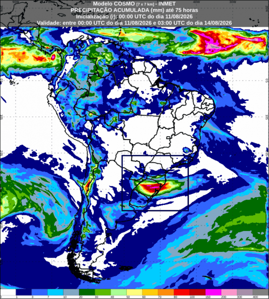 Previsão de chuva acumulada (mm) até as 0h (horário de Brasília) de sexta-feira, 14 de agosto de 2026. As cores indicam os totais acumulados no período, com os valores em rosa representando acumulados superiores a 150 mm. O retângulo azul destaca a área com previsão dos maiores acumulados de chuva.