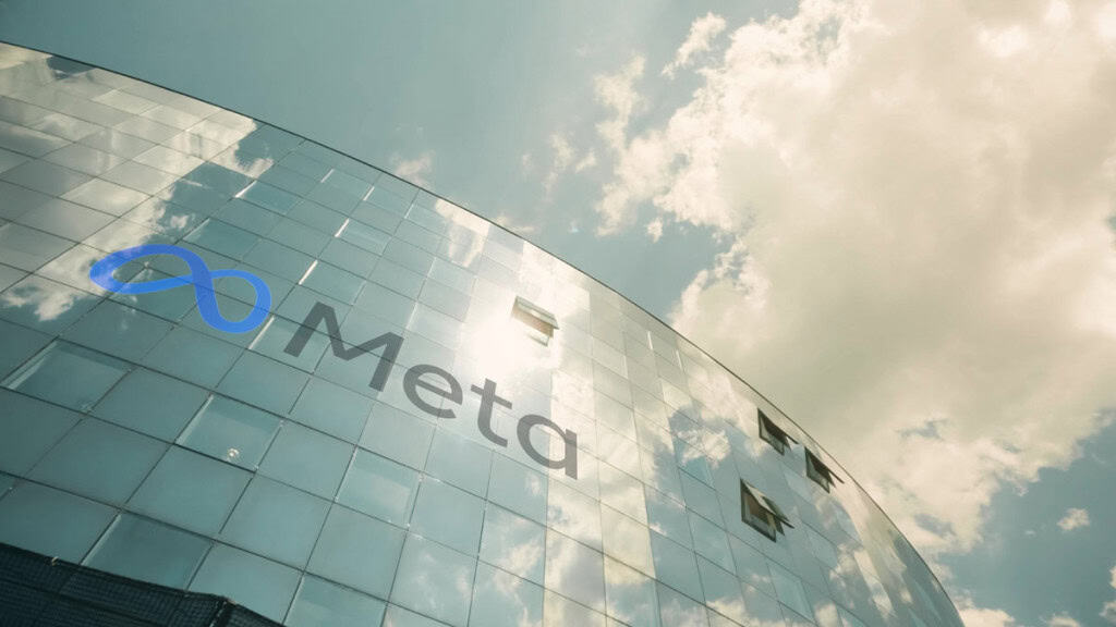 logotipo da Meta em um moderno edifício de escritórios,