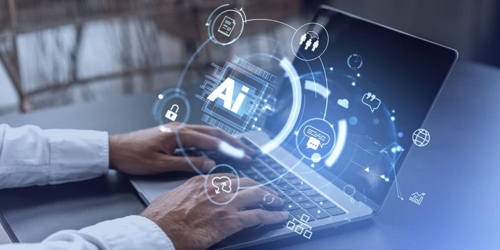 Pessoa utiliza um notebook enquanto elementos gráficos representam recursos de inteligência artificial e processamento de dados.