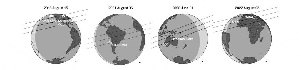 Mapas mostram exemplos de trajetórias das sombras de ocultação de Plutão