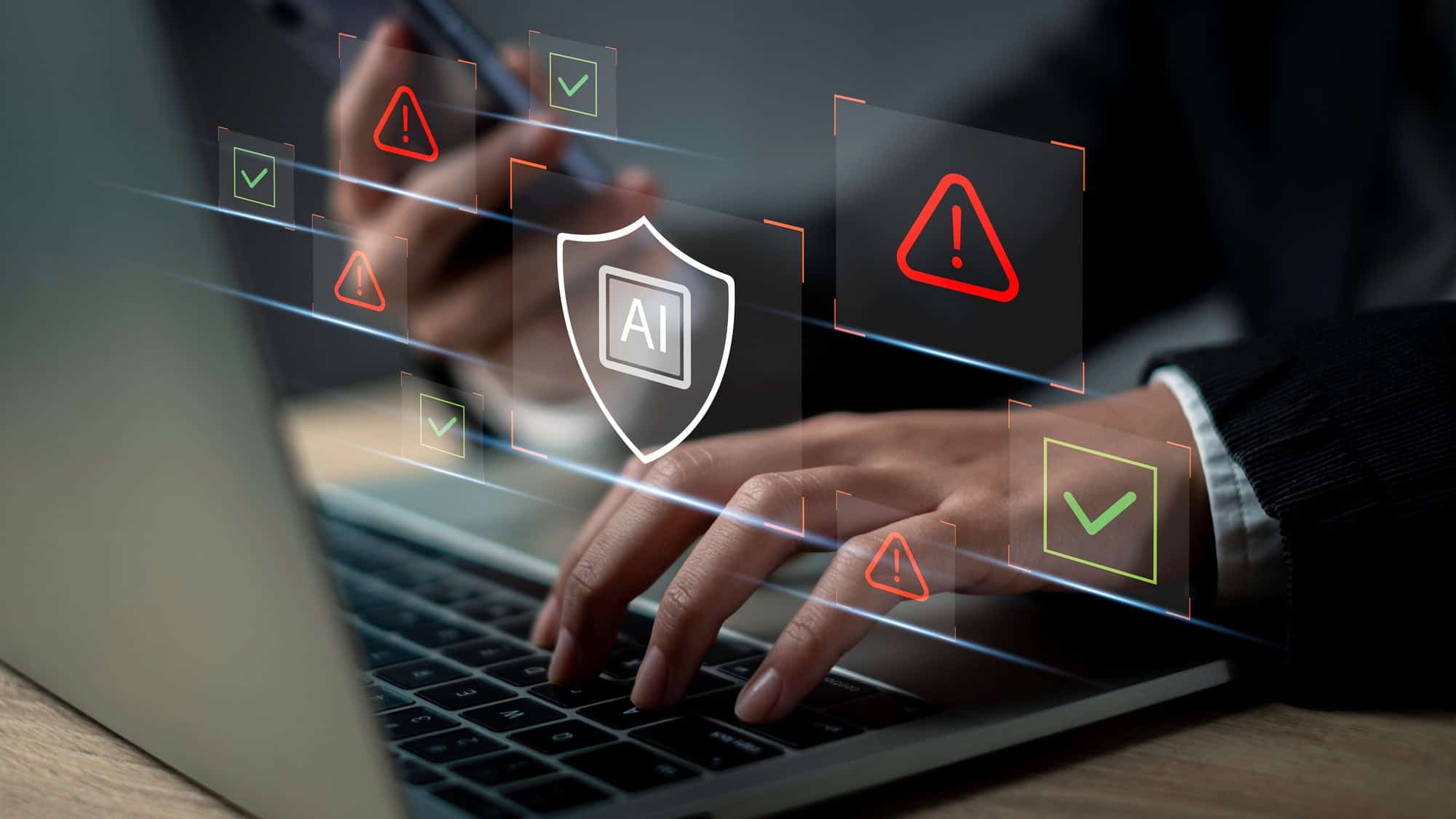 Ilustração mostra uma pessoa usando um notebook enquanto ícones de alerta e verificação representam mecanismos de segurança de uma inteligência artificial.