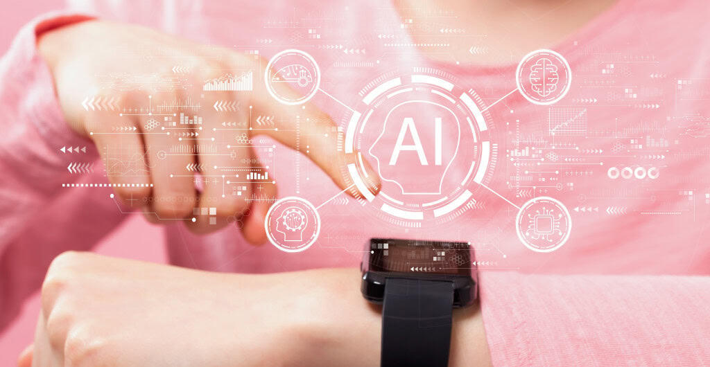 Conceito de IA com mulher pressionando um smartwatch
