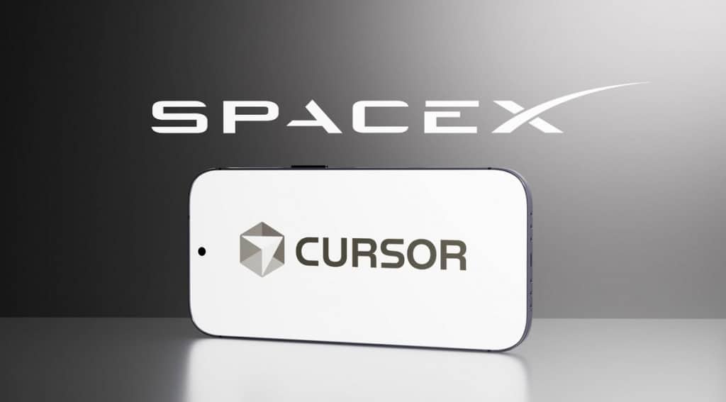 Logo da Cursor em um celular, com o logo da SpaceX ao fundo.