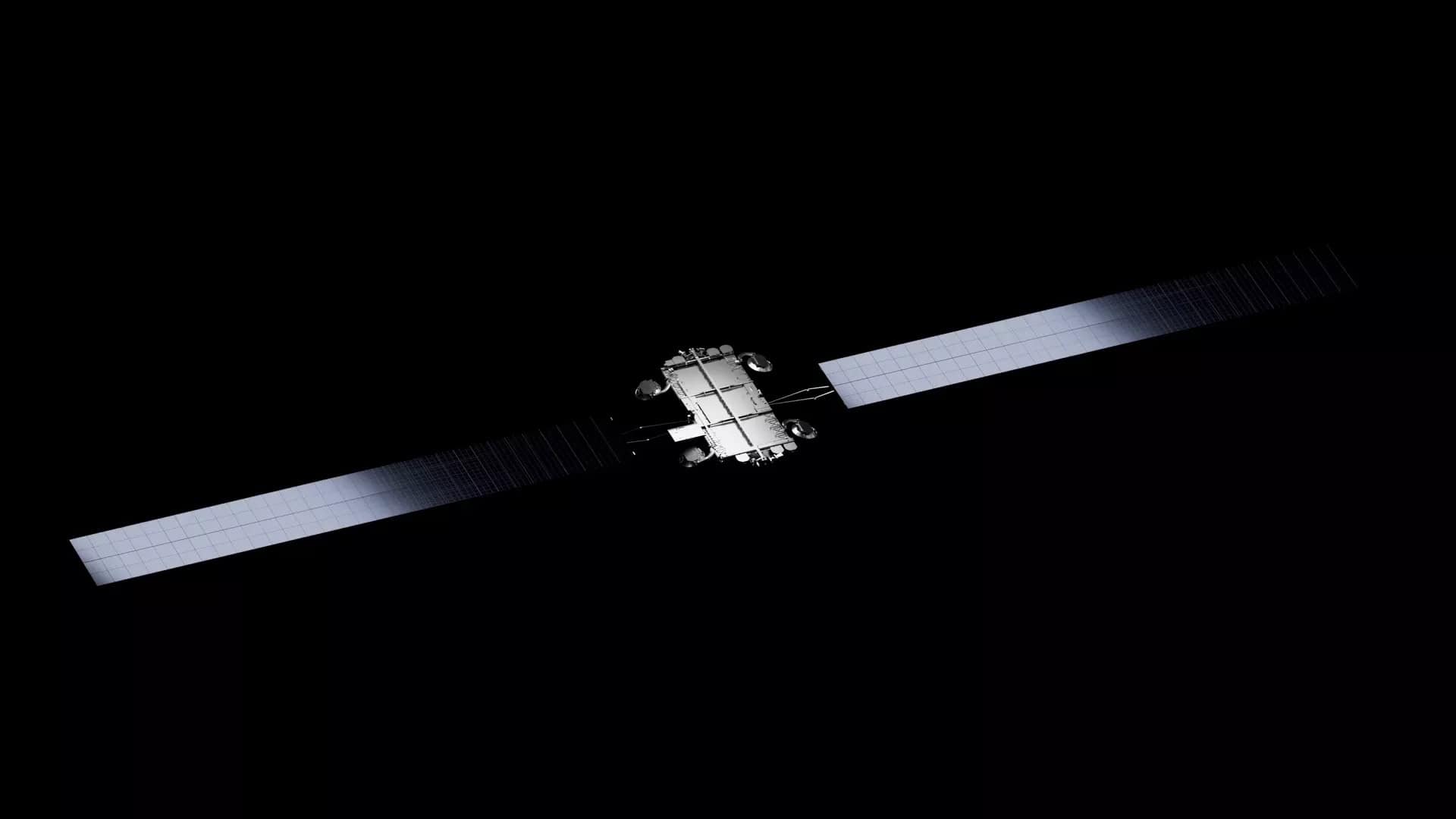 Satélite Starlink V3 da SpaceX em órbita, com dois grandes painéis solares estendidos no espaço.