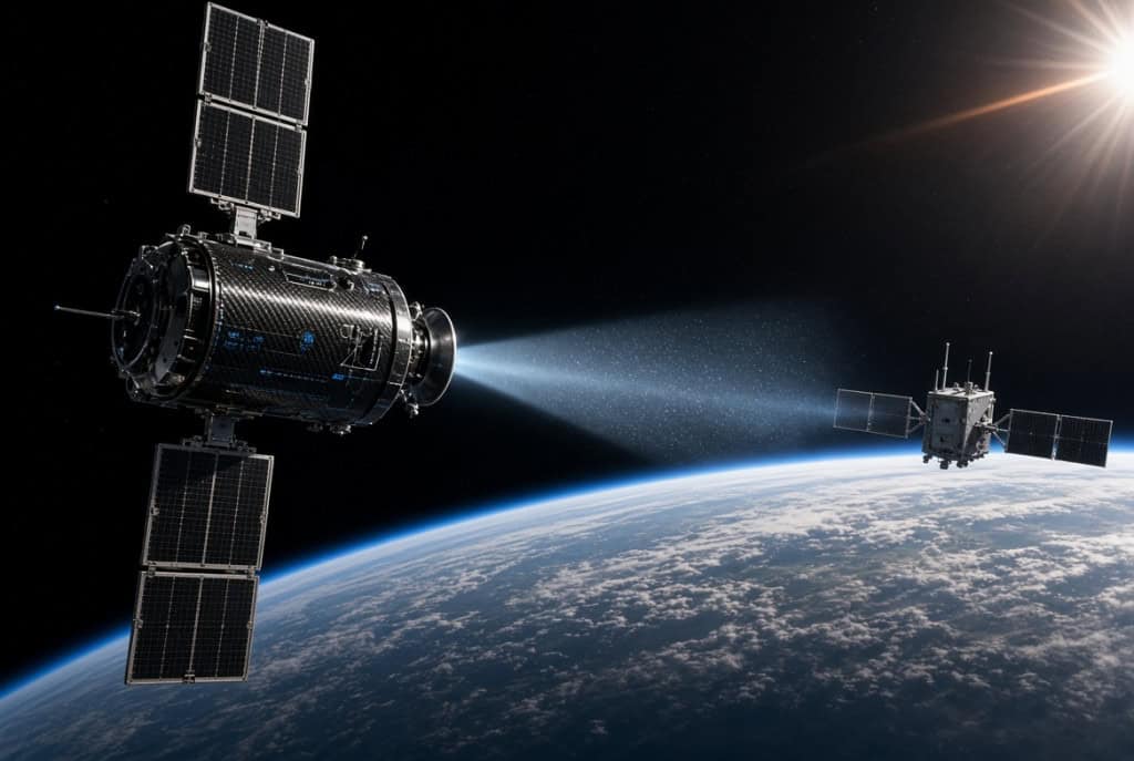Satélite de defesa orbital interceptando outro satélite