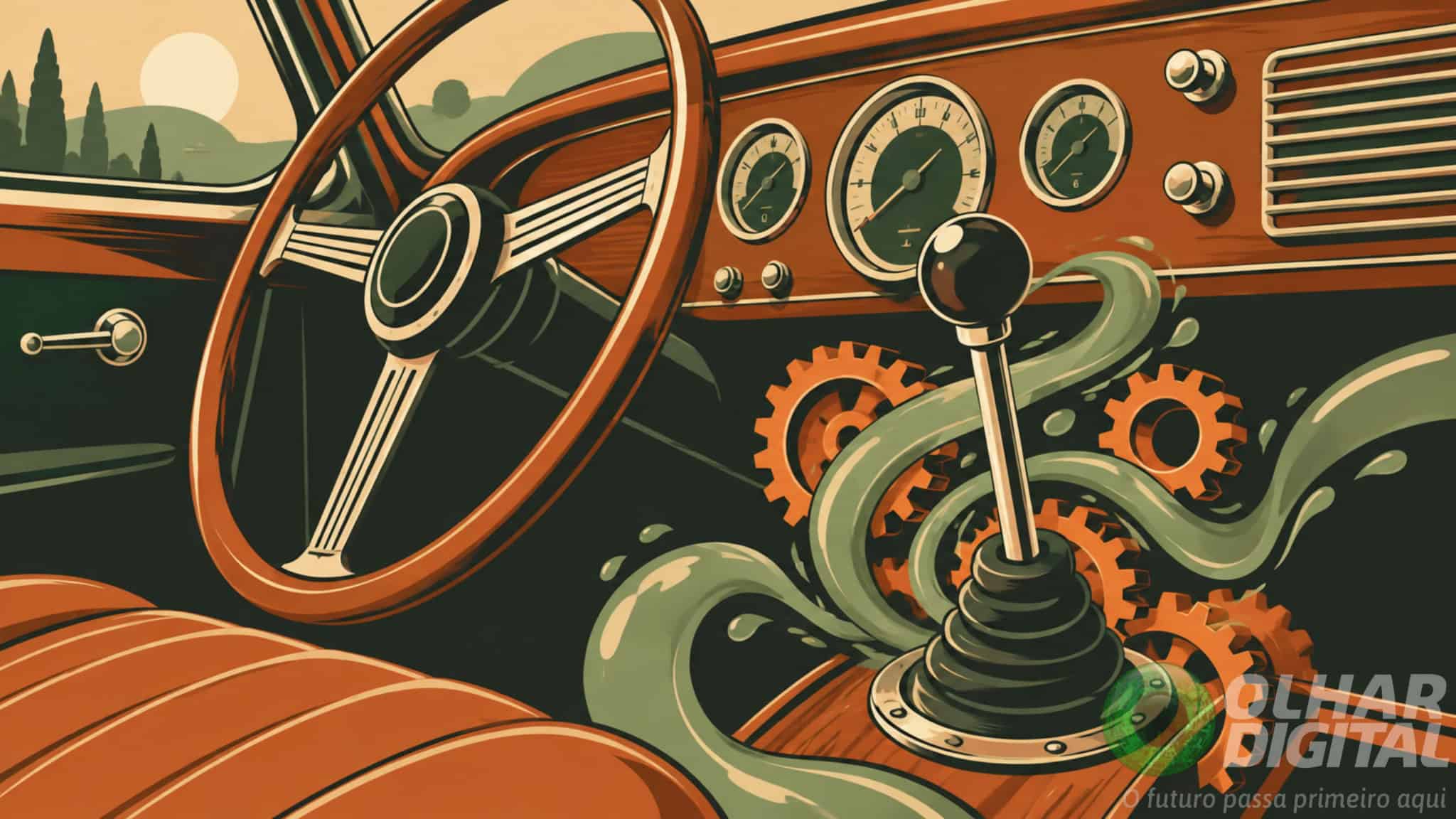 Uma ilustração digital retrô e minimalista do volante e da alavanca de câmbio de um carro clássico dos anos 1930, integrados a um painel de estilo vintage. O estilo visual remete a graphic novels e ao design vetorial 2D plano (*flat*). A al