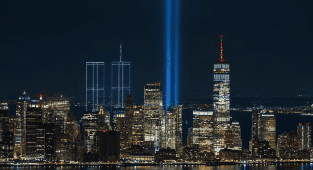 Drones formam as torres gêmeas nos 25 anos dos atentados de 11 de setembro. – Foto: 2977 Lights Over New York Harbor/Reprodução