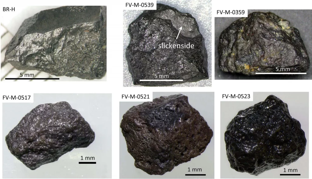 Amostras de diamante carbonado examinadas no estudo. Suas superfícies escuras e irregulares mostram por que essas pedras intrigam os pesquisadores.
