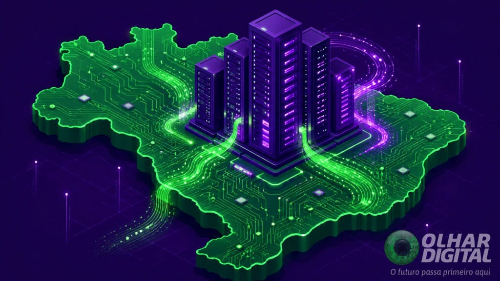 Ilustração de data center gigante montado em cima do mapa do Brasil